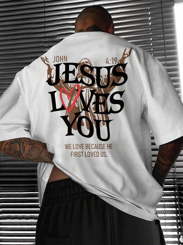 Men's Jesus & Heart Print Drop Shoulder Tee, Casual Comfy Regular Fit Letter Print Half Sleeve Round Neck T-Shirt for...