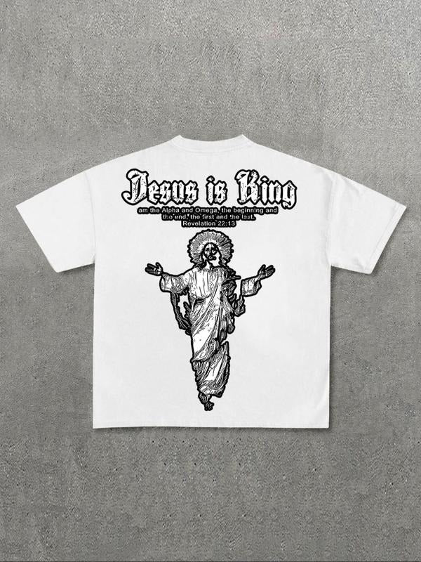 Men's Jesus Is King Print Round Neck Tee, Regular Fit Casual Short Sleeve T-shirt for Daily Wear, Men's Top for All...