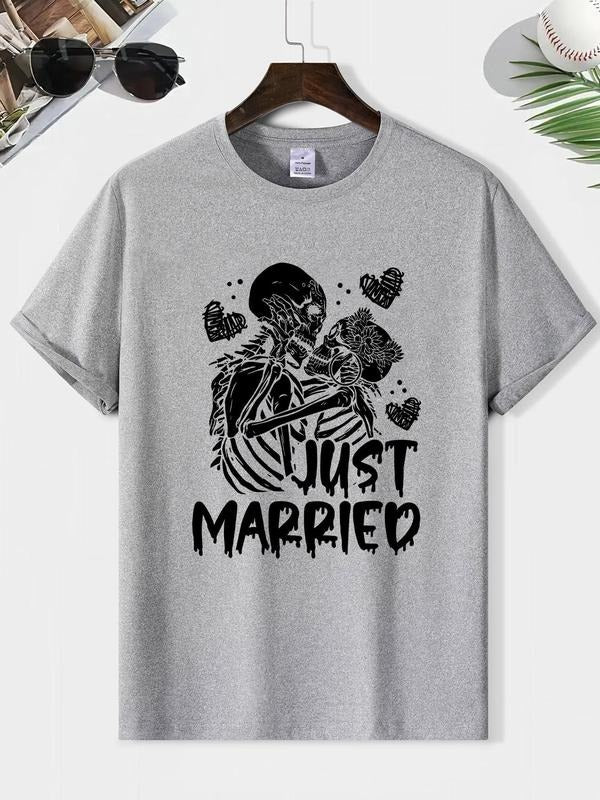 Men's Just Married Letter Print Round Neck Graphic Tee, Loose Casual Fashion Short Sleeve T-shirt for Summer, Men's Top...