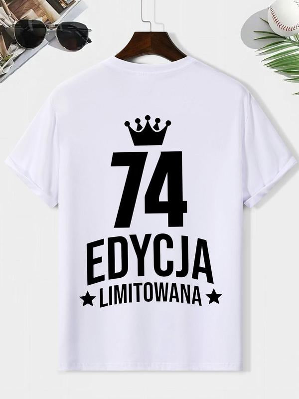 Men's King Crown & Number Print Round Neck Tee, Loose Casual Fashion Short Sleeve T-shirt for Summer, Men's Top for Daily...