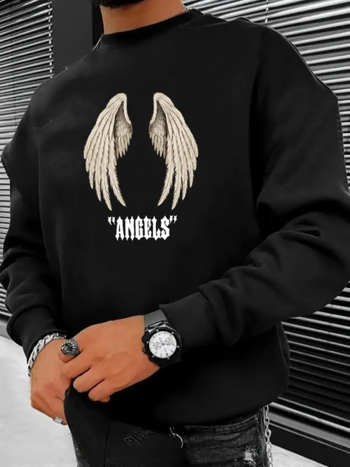 Men's Letter & Angel Wings Print Round Neck Sweatshirt, Regular Fit Casual Long Sleeve Crew Neck Pullover for Fall &...