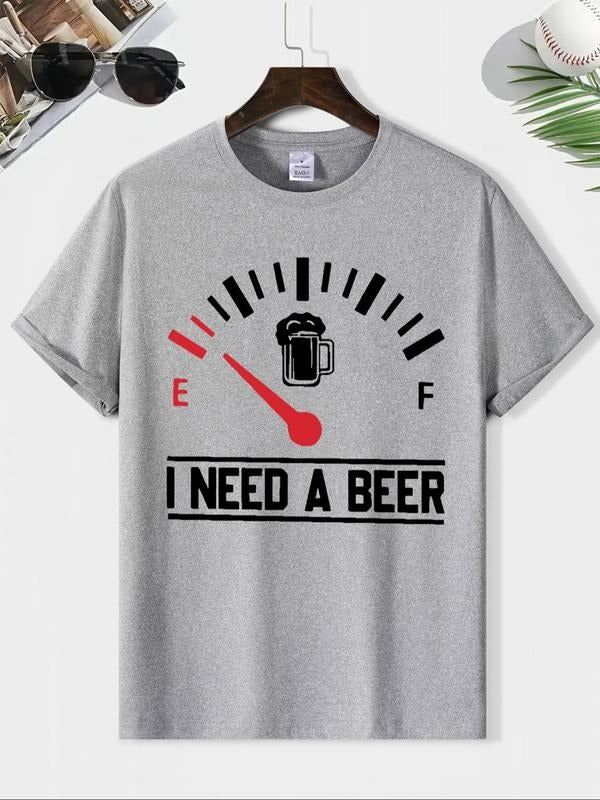 Men's Letter & Beer Print Round Neck Tee, Casual Short Sleeve T-shirt for Summer, Comfy Breathable Men's Top for Daily...