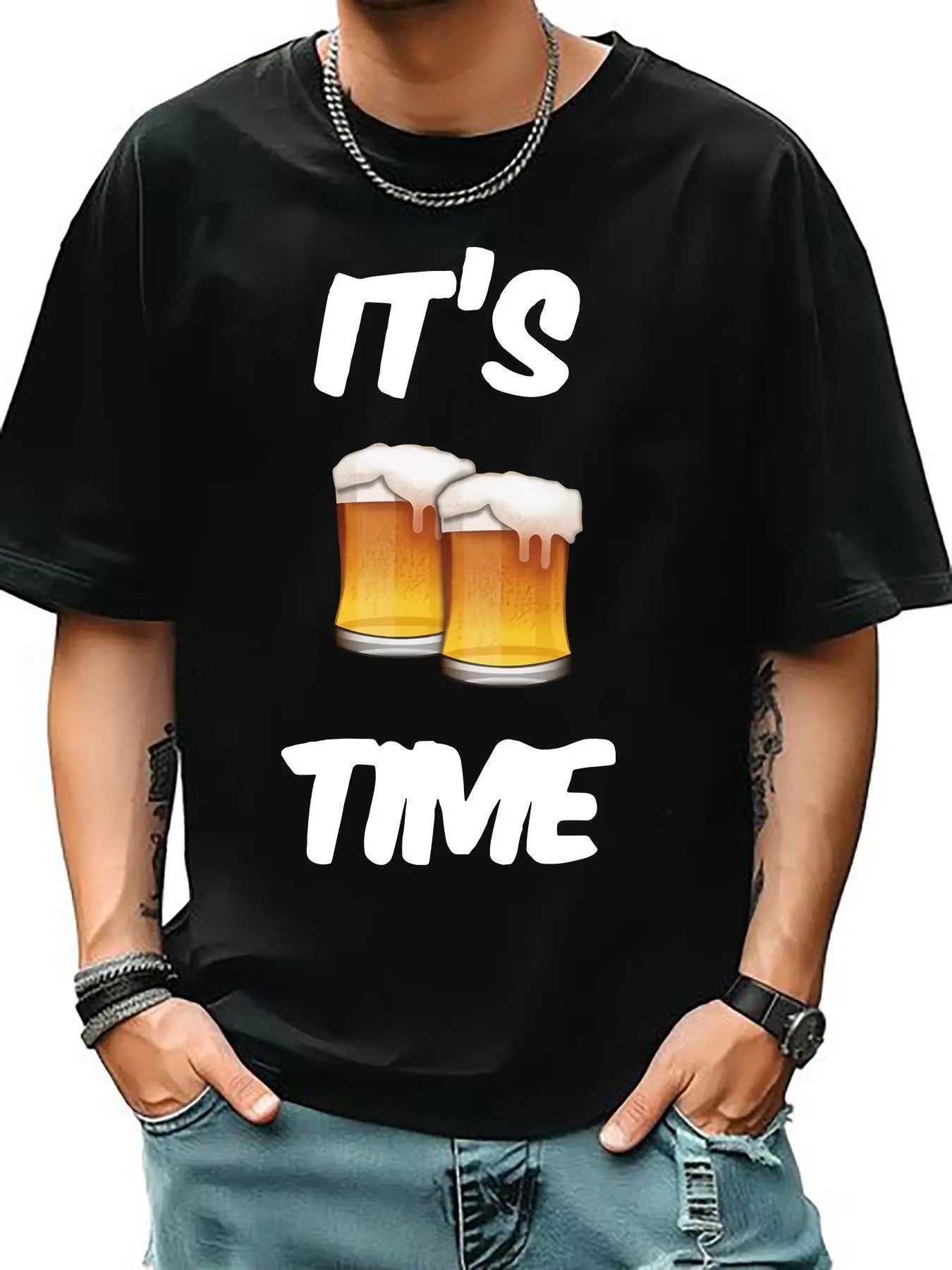 Men's Letter & Beer Print Round Neck Tee, Casual Short Sleeve T-shirt for Summer, Comfy Men's Top for Daily Wear Hoodie,...