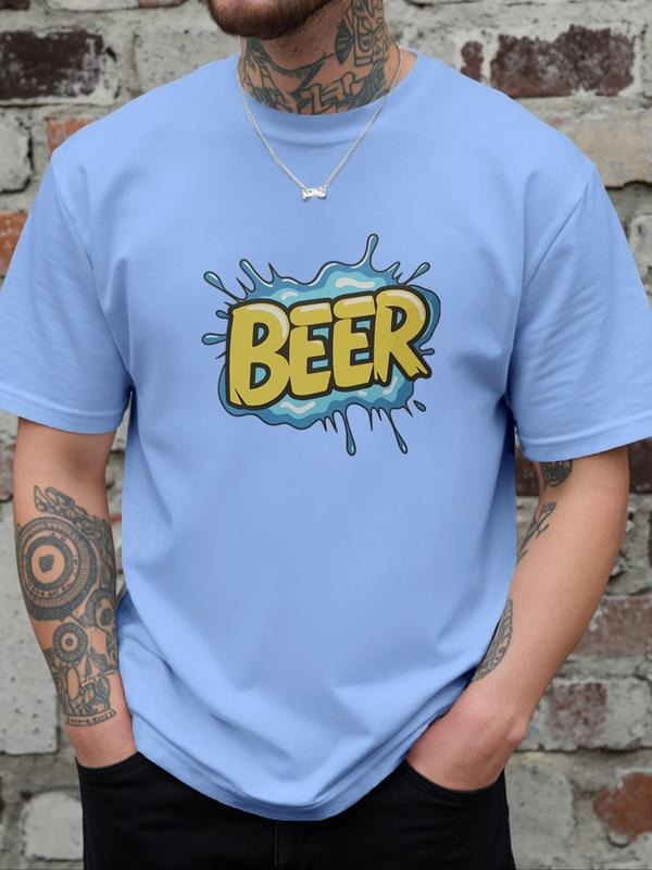 Men's Letter & Beer Print Round Neck Tee, Regular Fit Casual Short Sleeve Crew Neck T-Shirt for Daily Wear, Men's Top for...