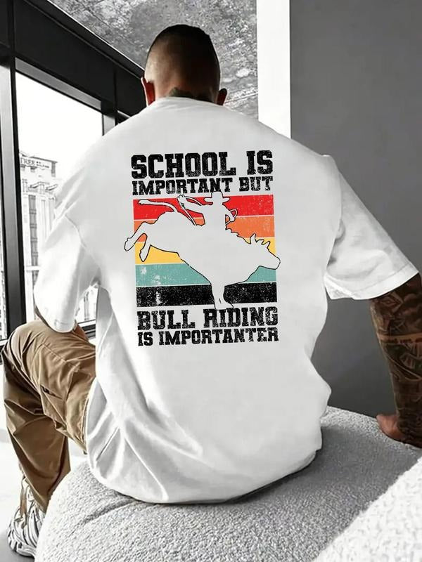 Men's Letter & Bull Riding Print Round Neck Tee, Loose Casual Short Sleeve T-shirt for Summer, Men's Top for Daily Wear,...