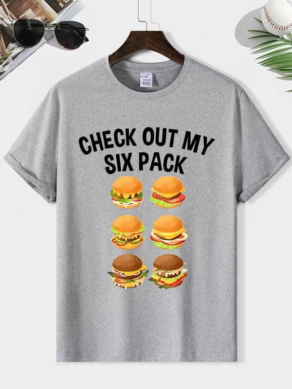 Men's Letter & Burger Print Round Neck Tee, Loose Casual Check Out My Six Pack Graphic Short Sleeve T-shirt for Summer,...