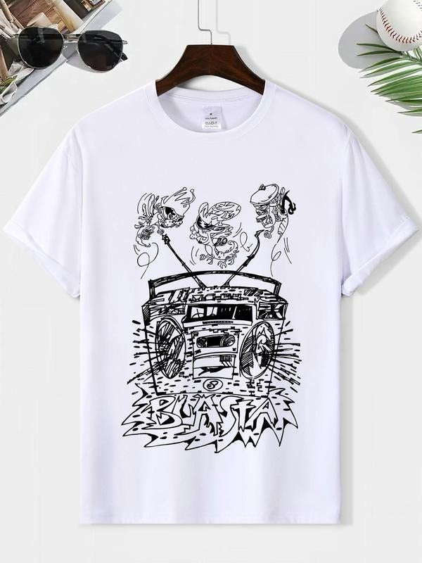 Men's Letter & Car Print Round Neck Tee, Loose Casual Short Sleeve Crew Neck T-Shirt for Summer, Fashion Men's Top for...