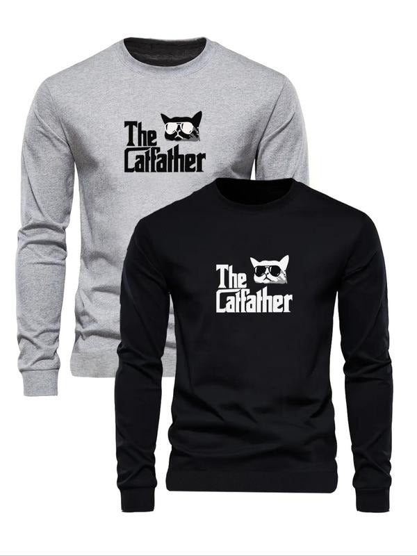 Men's Letter & Cat Print Round Neck Sweatshirt, Regular Fit Casual Long Sleeve Crew Neck Pullover for Fall & Winter,...