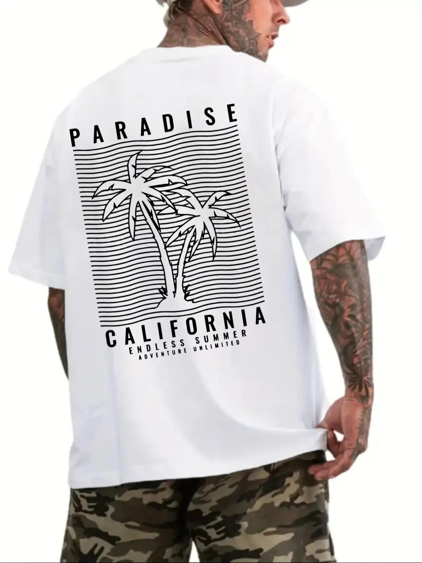 Men's Letter & Coconut Tree Print Round Neck Tee, Casual Short Sleeve Crew Neck T-shirt for Summer, Men's Tops for Daily...