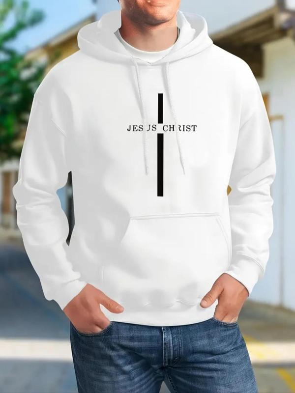 Men's Letter & Cross Print Drop Shoulder Hoodie, Fashion Casual Regular Fit Drawstring Pocket Hooded Sweatshirt for Daily...
