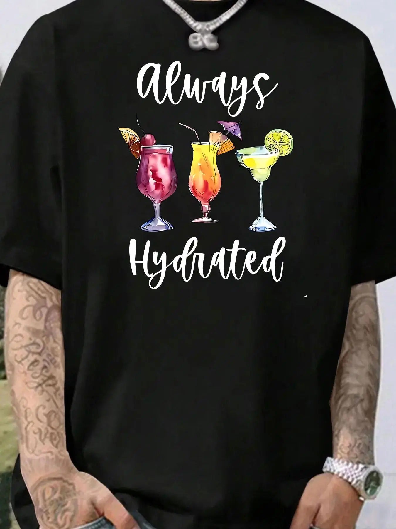 Men's Letter & Drink Print Round Neck Tee, Loose Casual Fashion Short Sleeve T-shirt for Summer, Men's Top for Daily Wear...