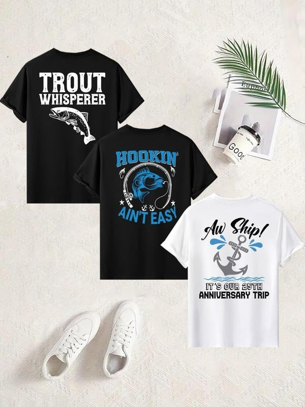 Men's Letter & Fish Print Round Neck Tee, Regular Fit Casual Short Sleeve Crew Neck T-shirt for Summer, Men's Top for...