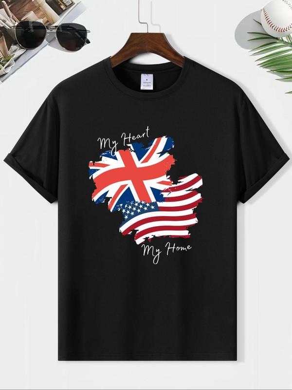 Men's Letter & Flag Print Round Neck Tee, Casual Short Sleeve T-shirt for Summer, Casual Comfy Men's Regular Fit Top for...