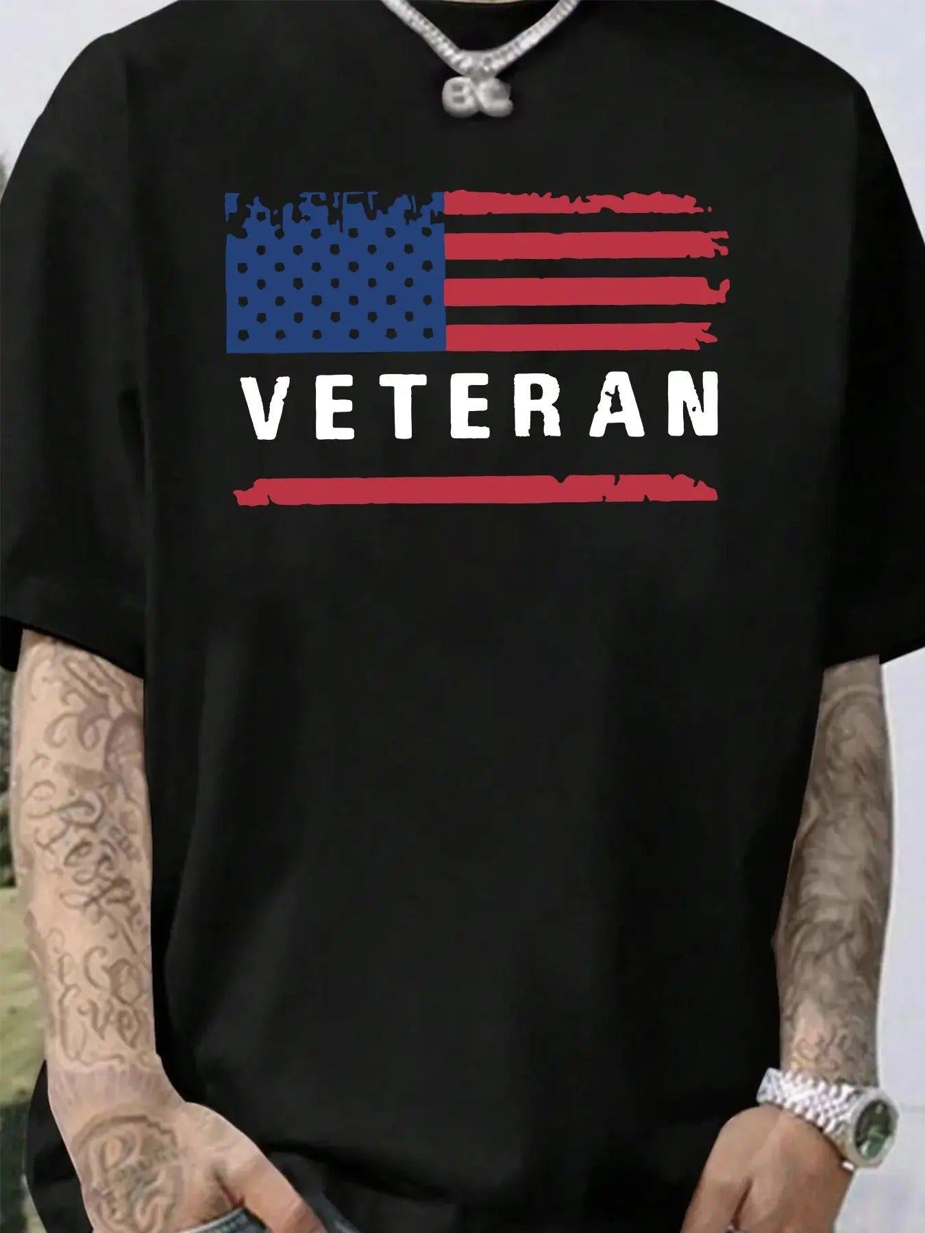 Men's Letter & Flag Print Round Neck Tee, Casual Short Sleeve T-shirt for Summer, Men's Regular Fit Top for Daily Wear...