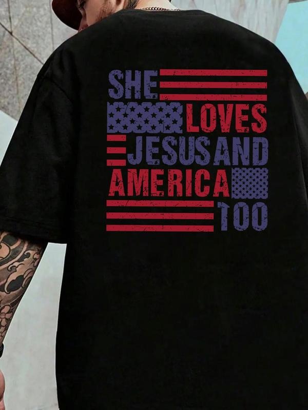 Men's Letter & Flag Print Round Neck Tee, Loose Casual Fashion Short Sleeve T-shirt for Summer, Men's Top for Daily Wear,...