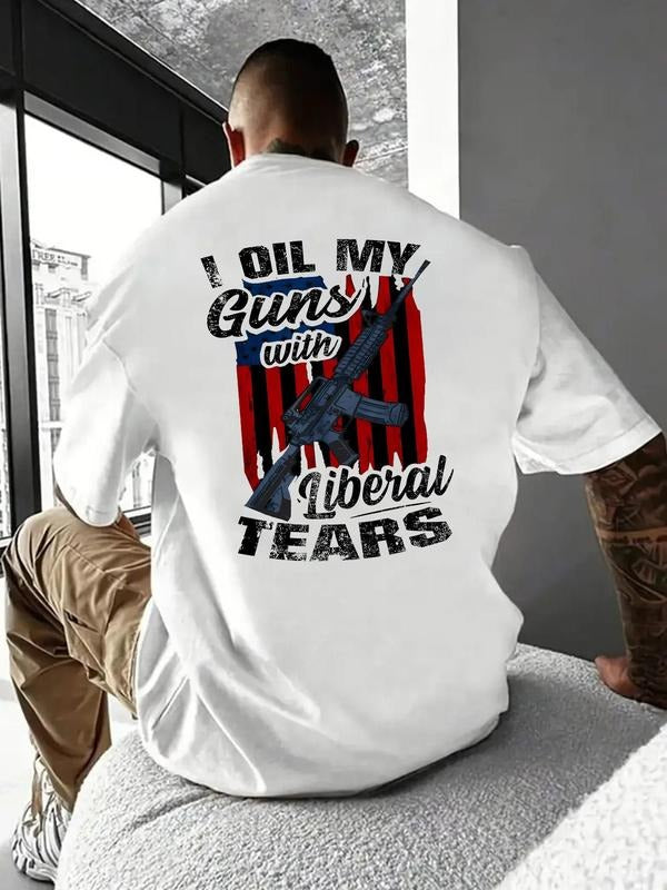 Men's Letter & Flag Print Round Neck Tee, Loose Casual Short Sleeve T-shirt for Summer, Men's Top for Daily Wear Hoodie,...