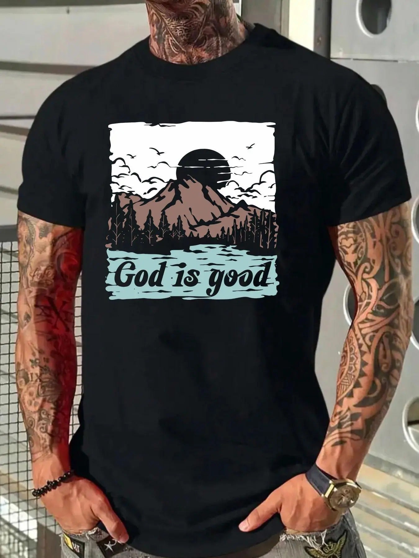 Men's Letter & Mountain Print Round Neck Tee, Loose Casual Short Sleeve Crew Neck T-shirt for Summer, Fashion Men's Top...