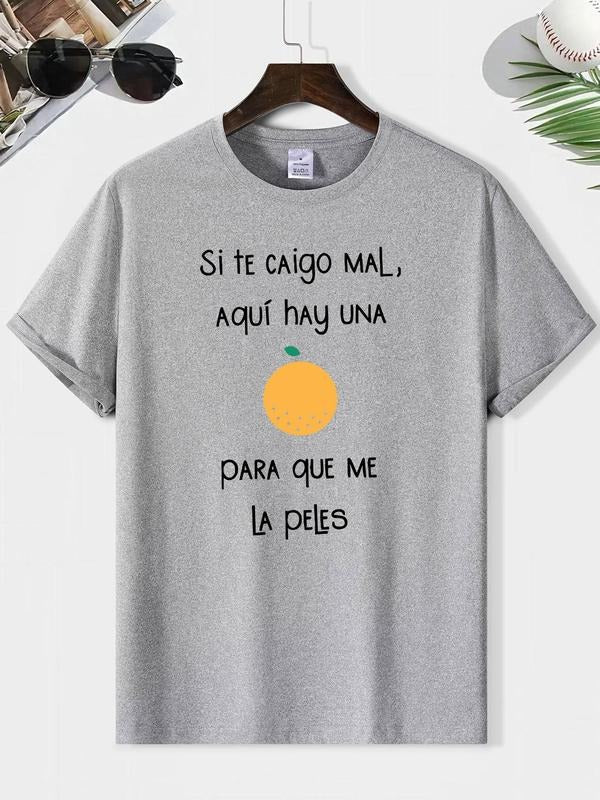 Men's Letter & Orange Print Round Neck Graphic Tee, Loose Casual Fashion Short Sleeve T-shirt for Summer, Men's Top for...