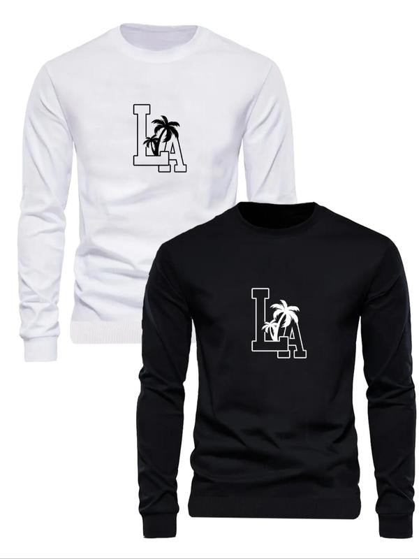 Men's Letter & Palm Tree Print Long Sleeve Sweatshirt, Casual Regular Fit Round Neck Pullover for Fall & Winter, Men's...