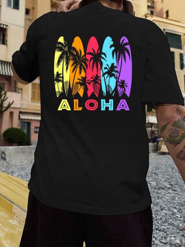 Men's Letter & Palm Tree Print Round Neck Tee, Loose Casual Short Sleeve T-shirt for Summer, Men's Top for Daily Wear,...
