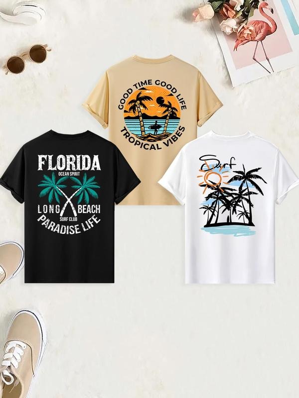 Men's Letter & Palm Tree Print Short Sleeve Graphic Tee, Regular Fit Casual Round Neck T-shirt for Summer, Men's Top for...