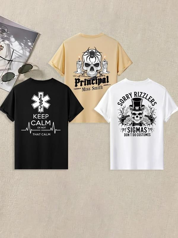 Men's Letter & Skull Print Short Sleeve Graphic Tee, Casual Comfy Round Neck T-shirt for Summer, Men's Top for Daily Wear...