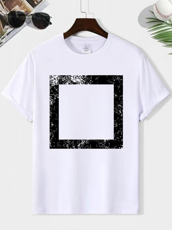 Men's Letter & Square Print Round Neck Graphic Tee, Loose Casual Fashion Short Sleeve T-shirt for Summer, Men's Top for...