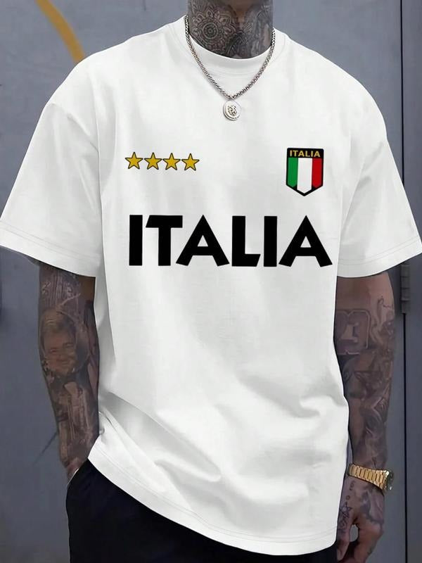 Men's Letter & Star Print Round Neck Graphic Tee, Regular Fit Casual Short Sleeve T-shirt for Summer, Men's Top for Daily...