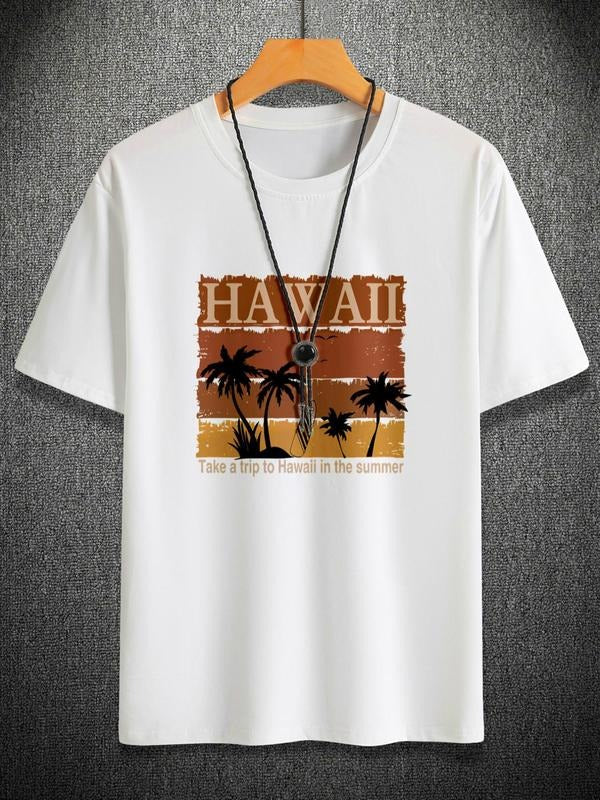Men's Letter & Tree Print Round Neck Tee, Casual Regular Fit Short Sleeve Graphic T-Shirt, Men's Summer Top Hoodie,...