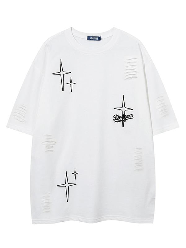 Men's Letter Embroidery Ripped Tee, Casual Comfy Short Sleeve T-shirt for Summer, Fashion Men's Top for Daily Wear,...