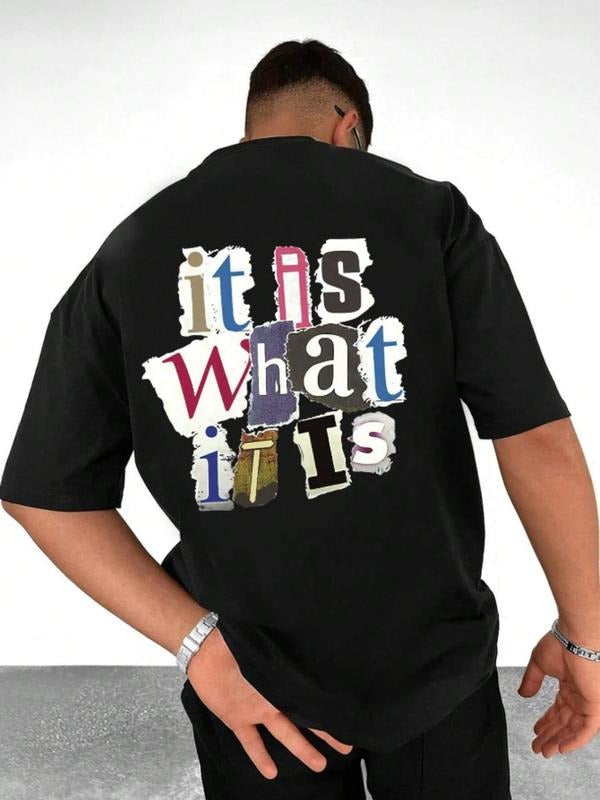 Men's Letter Graphic Round Neck Tee, Summer Clothes, Regular Fit Crew Neck Short Sleeve T-Shirt for Men, Casual Comfy...