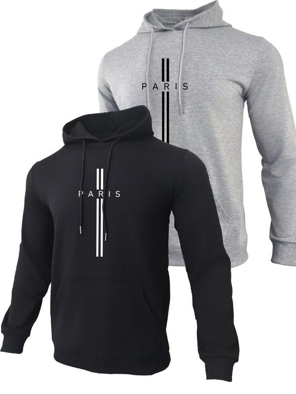 Men's Letter Print Drawstring Hoodie, Casual Regular Fit Pocket Hooded Sweatshirt for Fall & Winter, Men's Top for Daily...