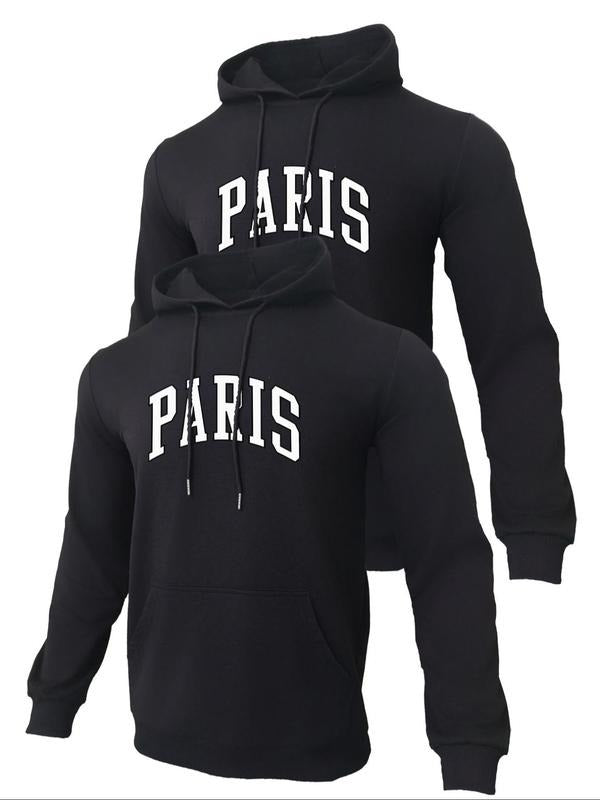 Men's Letter Print Drawstring Hoodie, Regular Fit Casual Long Sleeve Pocket Hooded Sweatshirt, Mens Clothes for Fall &...