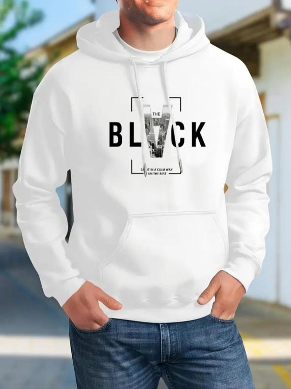 Men's Letter Print Drop Shoulder Drawstring Hoodie, Regular Fit Fashion Casual Pocket Hooded Sweatshirt for Daily Outdoor...