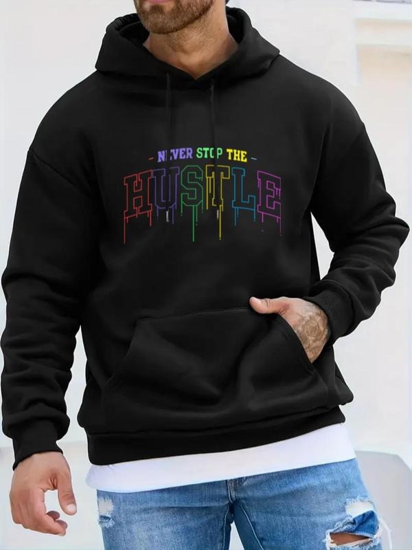 Men's Letter Print Drop Shoulder Hoodie, Fashion Casual Regular Fit Drawstring Pocket Hooded Sweatshirt for Daily Holiday...