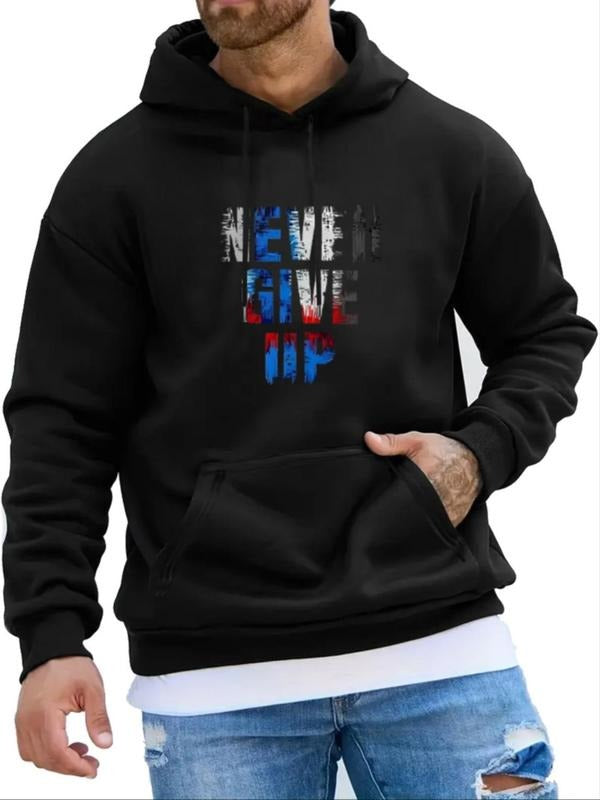 Men's Letter Print Drop Shoulder Hoodie, Fashion Casual Regular Fit Drawstring Pocket Hooded Sweatshirt for Daily Holiday...