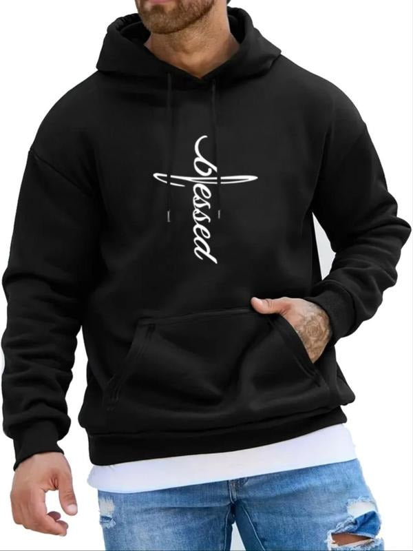 Men's Letter Print Drop Shoulder Hoodie, Fashion Casual Regular Fit Drawstring Pocket Hooded Sweatshirt for Daily Holiday...