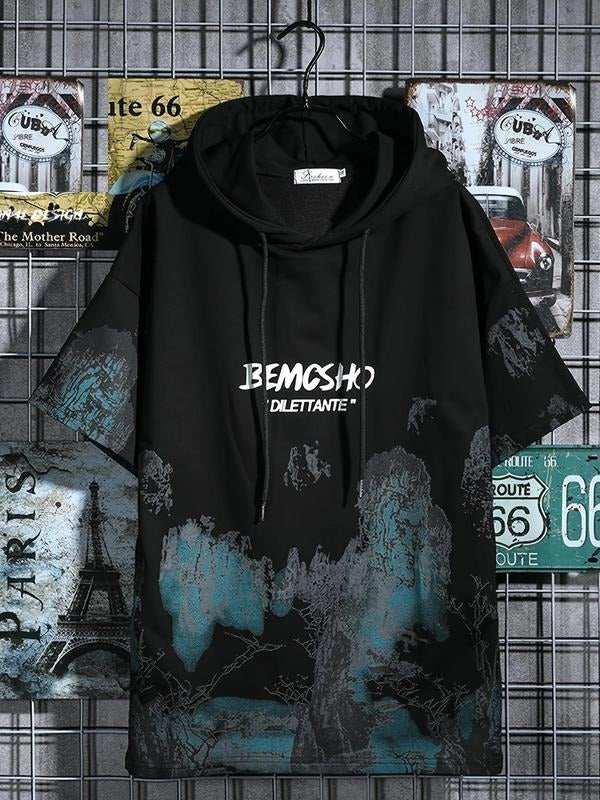 Men's Letter Print Hoodie, Loose Casual Fashion Short Sleeve Hooded Sweatshirt for Summer, Men's Top for Daily Wear,...