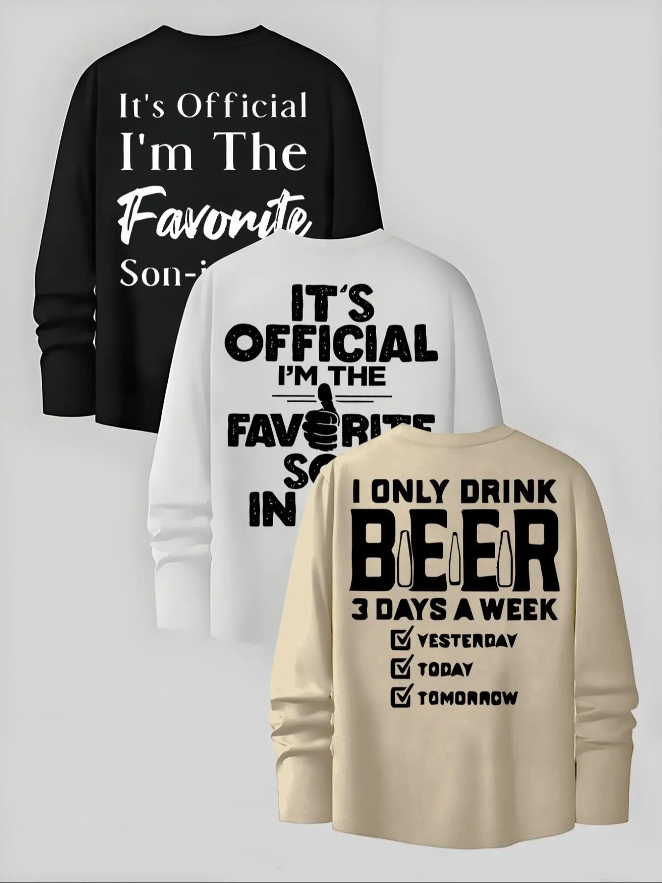 Men's Letter Print Long Sleeve Tee, 3 Counts Regular Fit Casual Fashion Round Neck T-shirt for Daily Wear, Men's Top for...