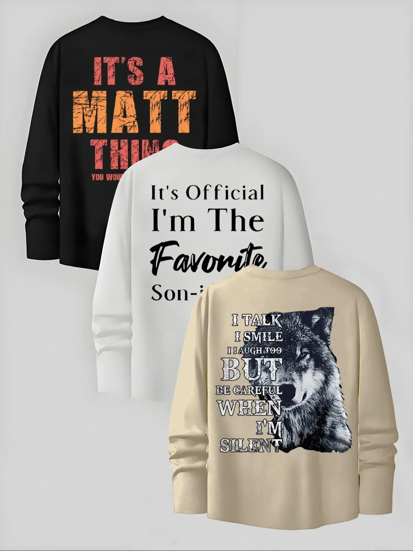 Men's Letter Print Long Sleeve Tee, 3 Counts Regular Fit Casual Round Neck T-shirt for Fall, Men's Top for Daily Wear...