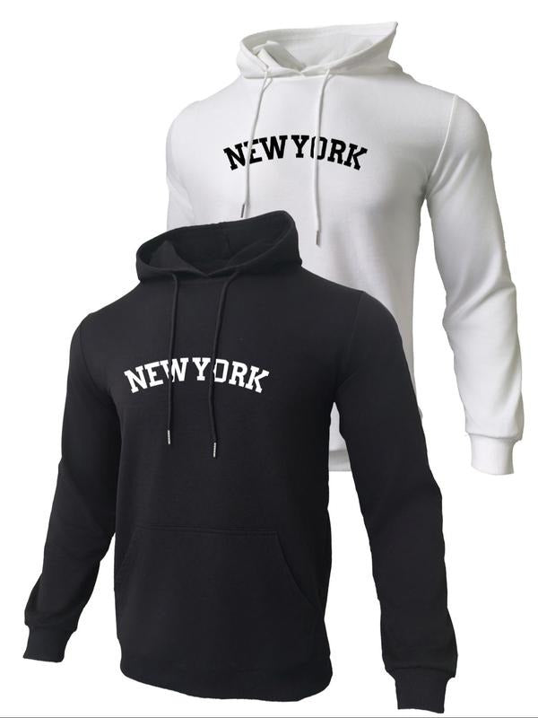 Men's Letter Print Pocket Drawstring Hoodie, Casual Regular Fit Long Sleeve Hooded Sweatshirt for Fall & Winter, Men's...