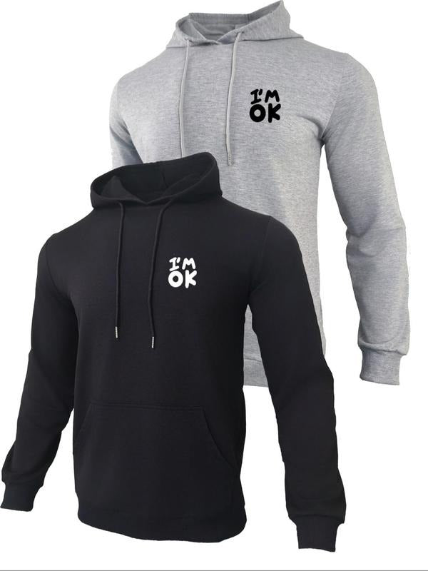 Men's Letter Print Pocket Drawstring Hoodie, Casual Regular Fit Long Sleeve Hooded Sweatshirt, Men's Fall & Winter...