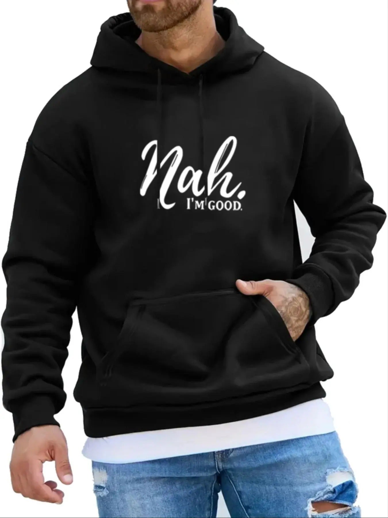 Men's Letter Print Pocket Drawstring Hoodie, Regular Fit Casual Drop Shoulder Long Sleeve Hooded Sweatshirt, Men's Fall &...