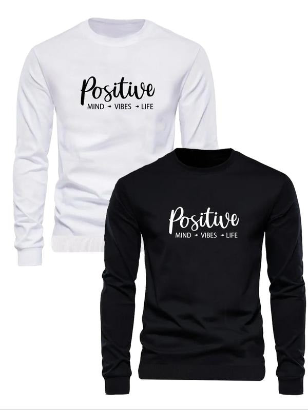 Men's Letter Print Positive Mind Vibes Life Sweatshirt, Regular Fit Casual Soft Comfy Long Sleeve Crew Neck Pullover for...