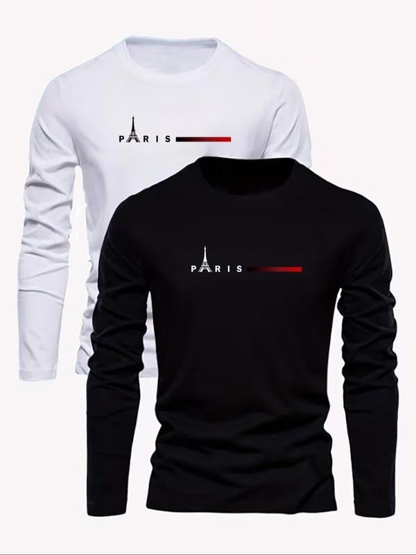 Men's Letter Print Round Neck Long Sleeve Tee, Casual Crew Neck T-shirt for Outdoor Sports, Fashion Men's Top for Summer...