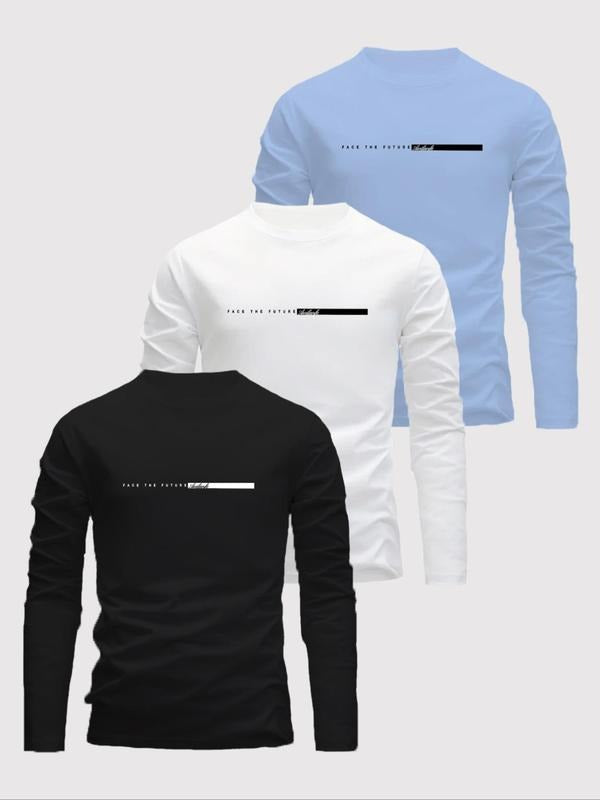 Men's Letter Print Round Neck Long Sleeve Tee, Regular Fit Casual Crew Neck T-shirt for Daily Wear, Men's Top for All...