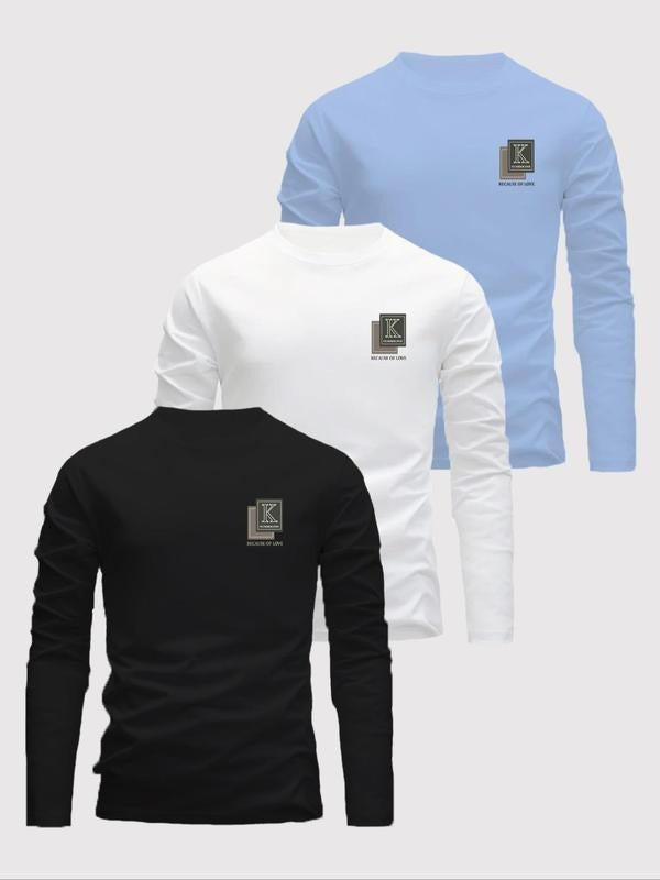 Men's Letter Print Round Neck Long Sleeve Tee, Regular Fit Casual Crew Neck T-shirt for Daily Wear, Men's Top for Spring...