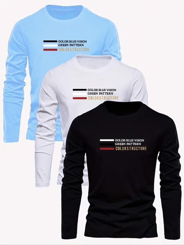 Men's Letter Print Round Neck Long Sleeve Tee, Regular Fit Casual Crew Neck T-shirt for Fall & Winter, Men's Top for...