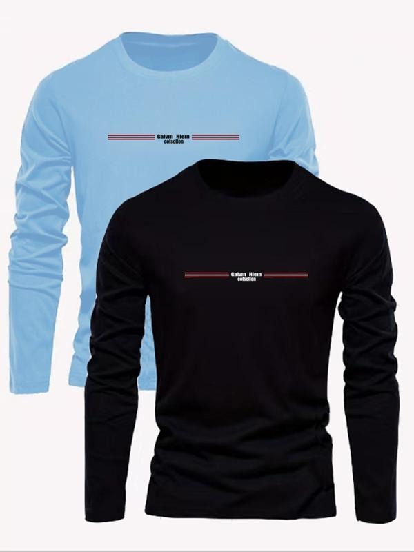 Men's Letter Print Round Neck Long Sleeve Tee, Regular Fit Casual Crew Neck T-shirt for Fall & Winter, Men's Top for...