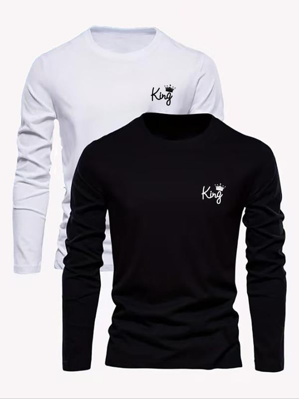 Men's Letter Print Round Neck Long Sleeve Tees, Regular Fit Casual Crew Neck T-shirt for Fall & Winter, Men's Top for...